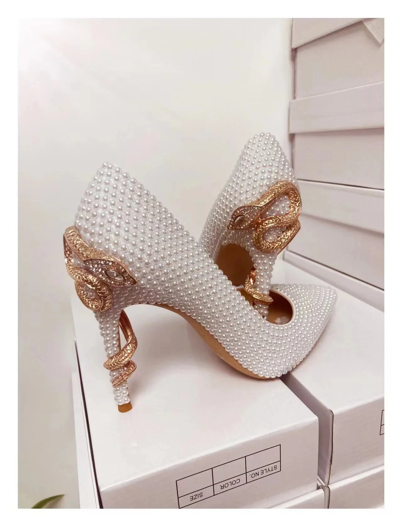 Golden Pearl Embellished Bridal High Heel Pumps For Women