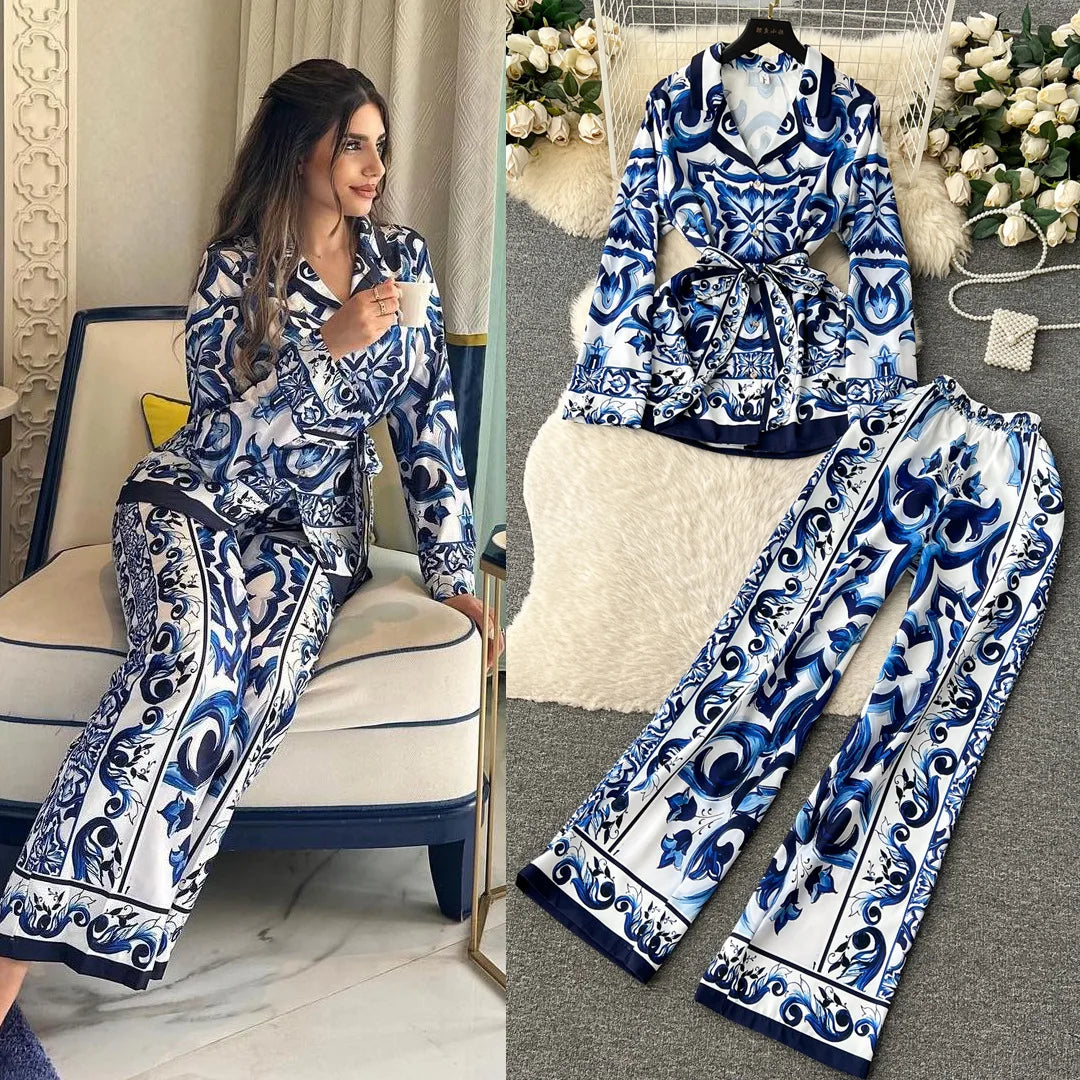 Casual Turn Down Collar Two Piece Pants Set for Women
