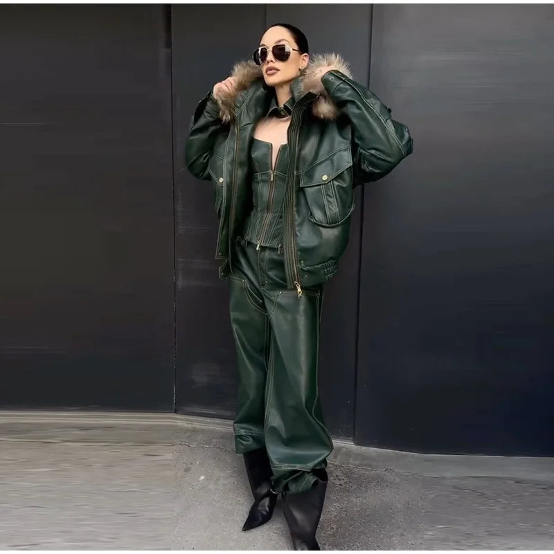 Fur Collar Women 's Leather Jackets Vintage Hooded Zipper Pockets Full Sleeve Jackets Lady 2025 New Woman Winter Coats Outwears