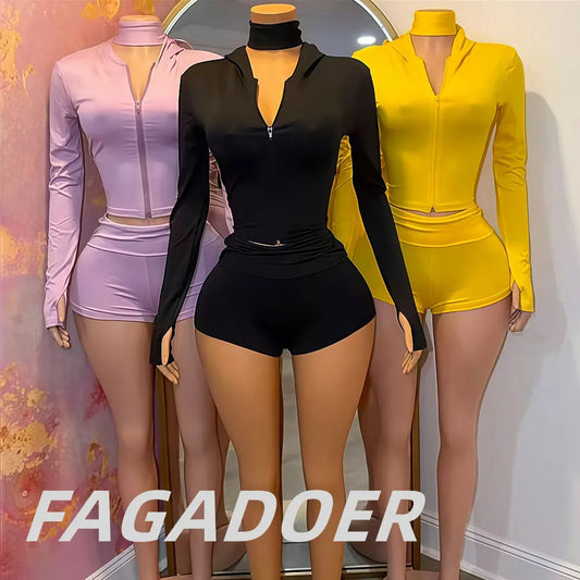 Hooded Crop Top And Shorts Set