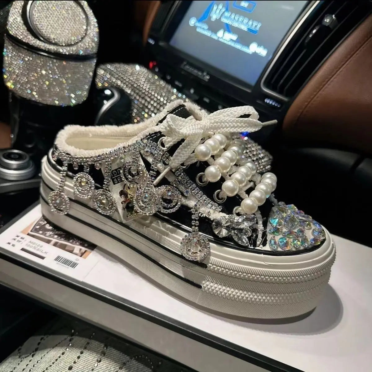 Shiny Sequined Pearl Stud Canvas Slippers for Women