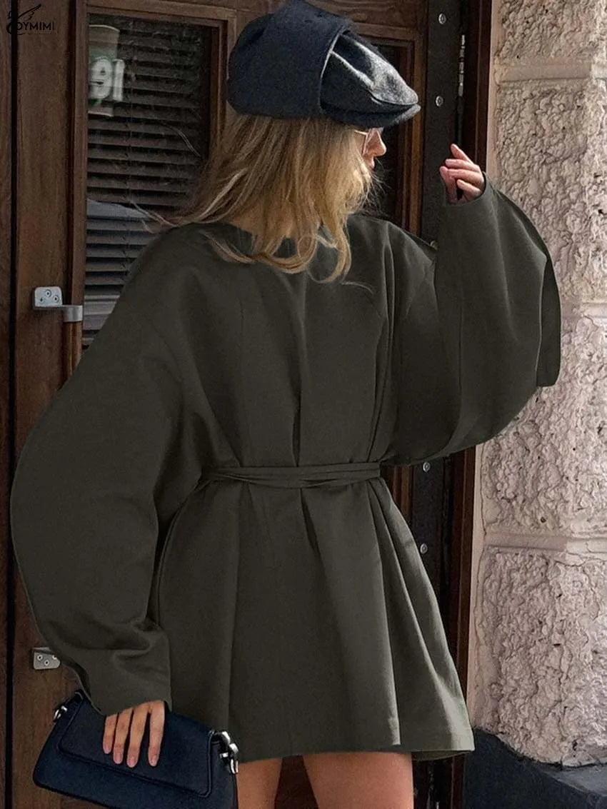 Oymimi Fashion Olive Drab Cotton Womens Dresses Casual Loose O-Neck Long Sleeve Dresses Elegant Lace-Up Mini Dress Streetwear