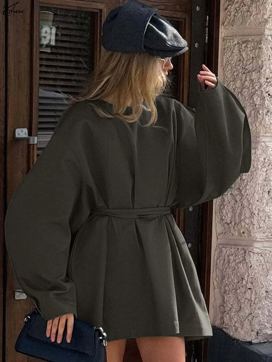 Oymimi Fashion Olive Drab Cotton Womens Dresses Casual Loose O-Neck Long Sleeve Dresses Elegant Lace-Up Mini Dress Streetwear