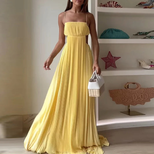Sexy Lady Backless Solid Swing Dress Elegant Sleeveless Hollow Long Dress Fashion Off Shoulder High Waist Pleated Evening Dress