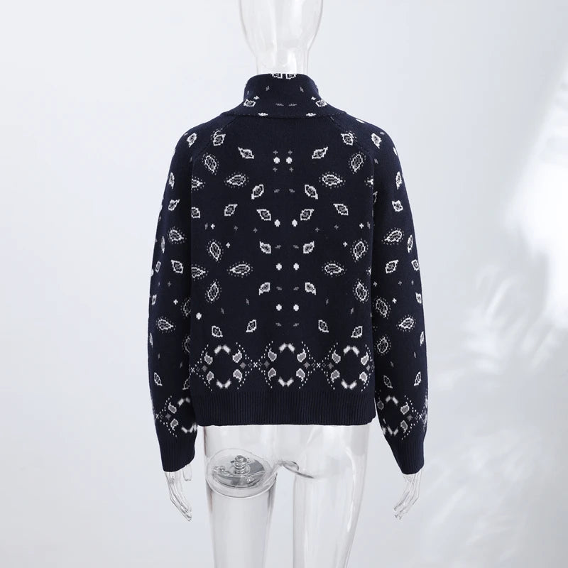 Vintage Printed Knit Stand Collar Zip Cardigan for Women