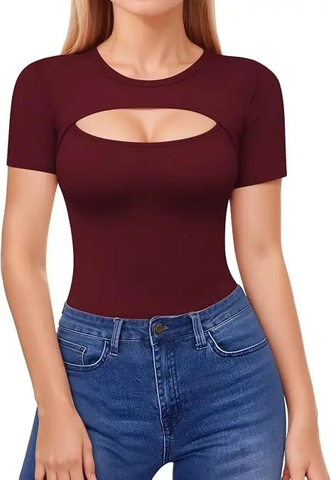 Seductive Tops Intricate Hollow Lacework T-Shirt Figure Hugging RoundNeck Blouse Classic Comfortable SolidColor Shirt