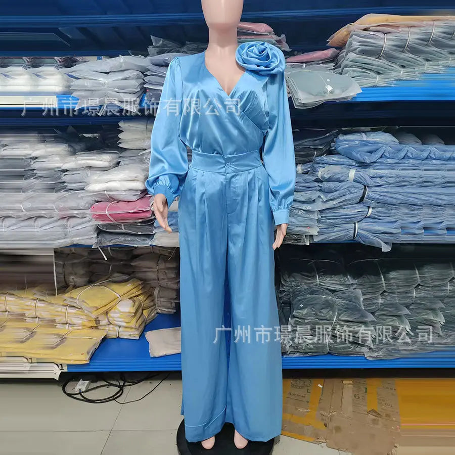 Pant Set Women Two Piece Sets V Neck Matching Sets Floral Slim Fit Tops Wide Leg Long Pants High Waist Y2k Elegant Retro 2025