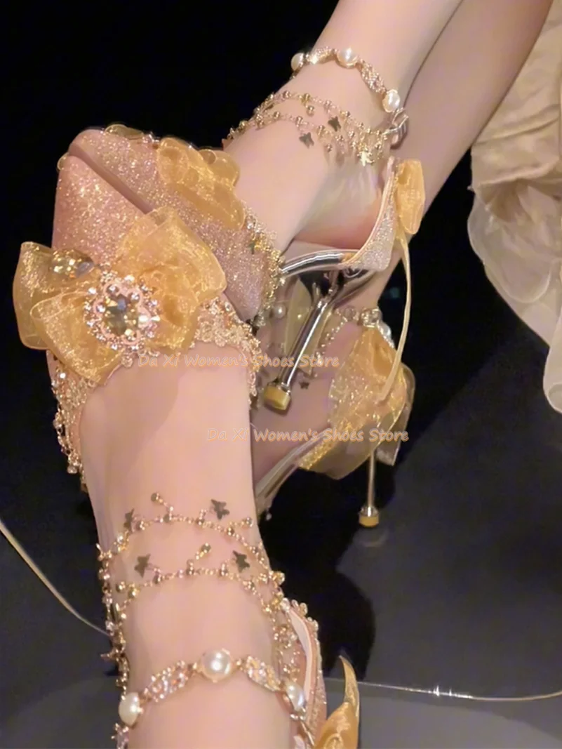 Elegant Pink Bow And Rhinestone Stiletto Wedding Pump For Women