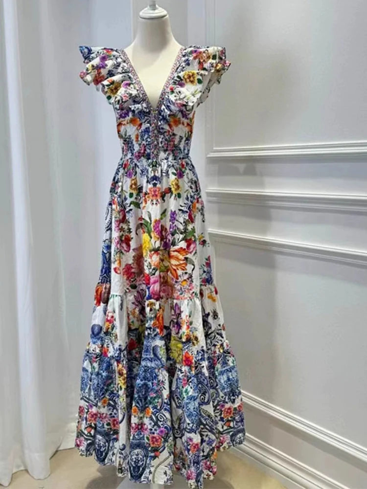Deep V Neck Print Midi Dress