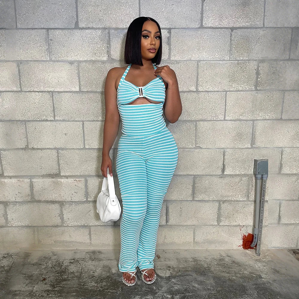 FAGADOER Sexy Stripe Patchwork Two Piece Outfits Woman Halter Backless Tank Top + Skinny Pants Suits Female Streetwear Clothing