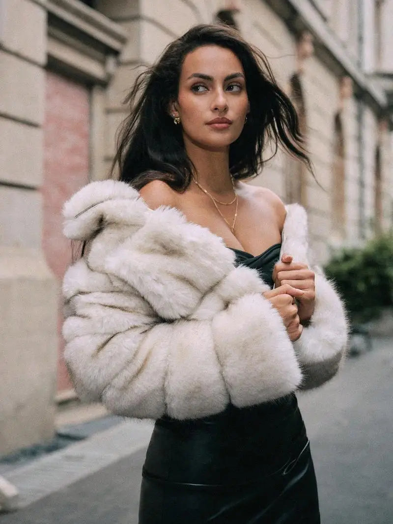 Women Faux Fox Fur Coats Short Jackets Zipper Coat Turn Down Collar Punk Loose Y2k Thick Outwear Jacket Casual 2025 Winter