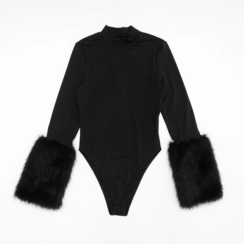 Long Sleeve Fur Patchwork Bodysuit and Shorts Set for Women