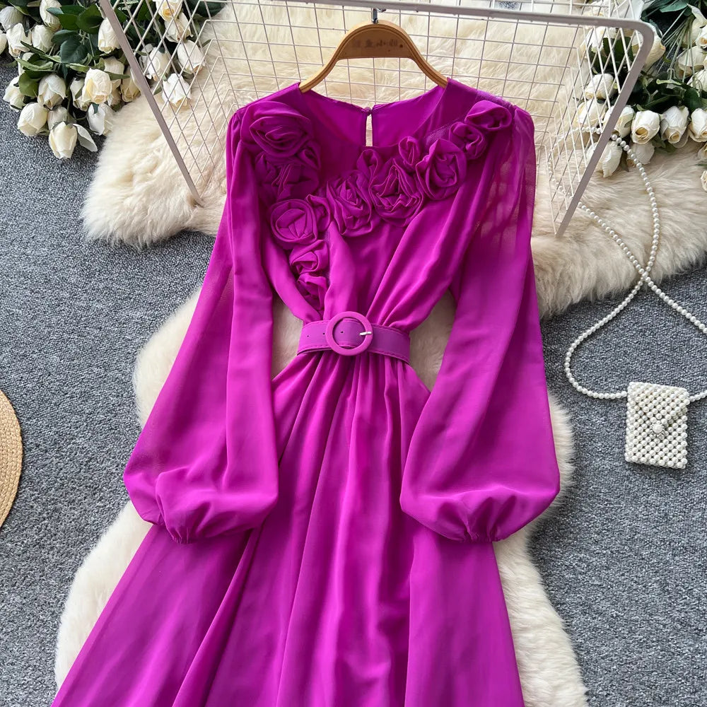Floral Lace V Neck Long Sleeve A Line Midi Dress for Women