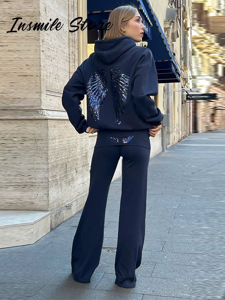 Sequin Wing Design Hooded Sweatshirt Pants Set For Women