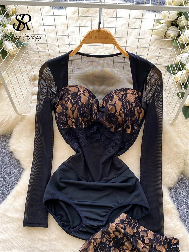 Floral Lace Mesh Bodysuit and Ruffle Mini Skirt Set for Women