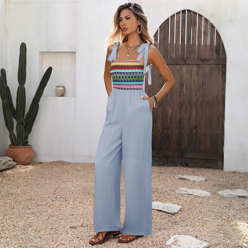 Boho Striped Knit Tie Shoulder Square Neck Jumpsuit for Women