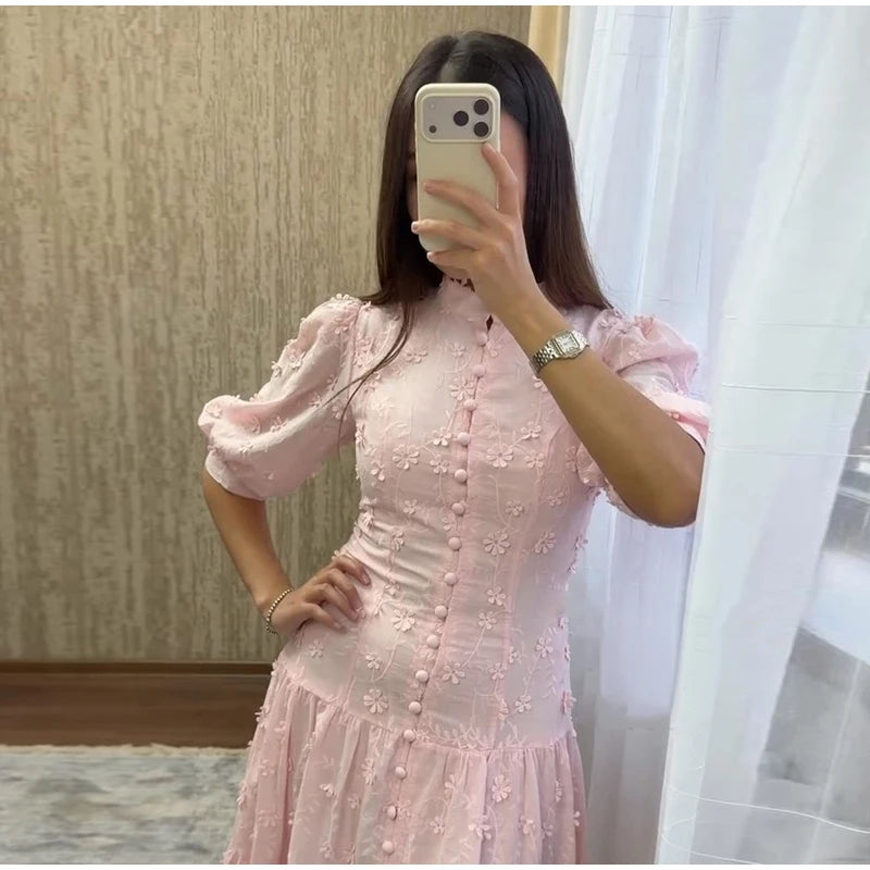 Floral Puff Sleeve Empire Waist Long Dress for Women