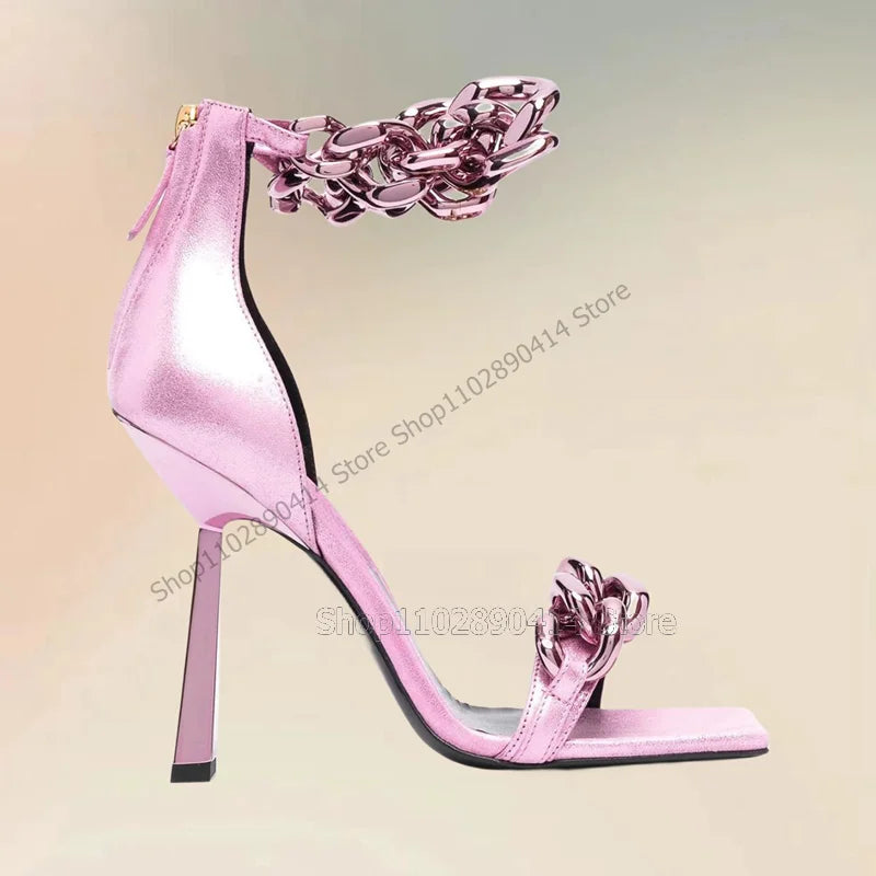 Snakeskin Print Gold Chain Decor Open Toe Sandals for Women