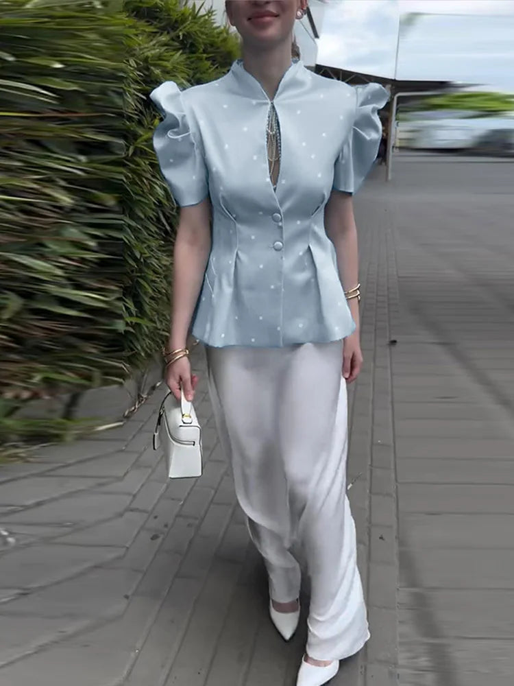 Elegant Printed Puff Sleeve Stand Collar Shirt for Women