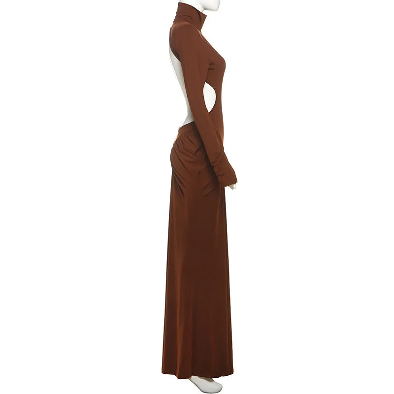 Long Sleeve Backless Ruched Maxi Dress