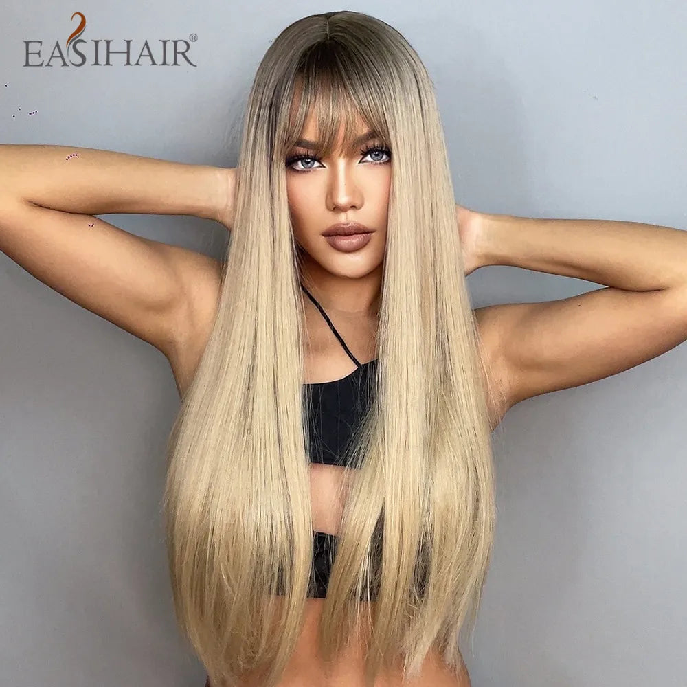 Heat Resistant Long Straight Ombre Bangs Wig for Women