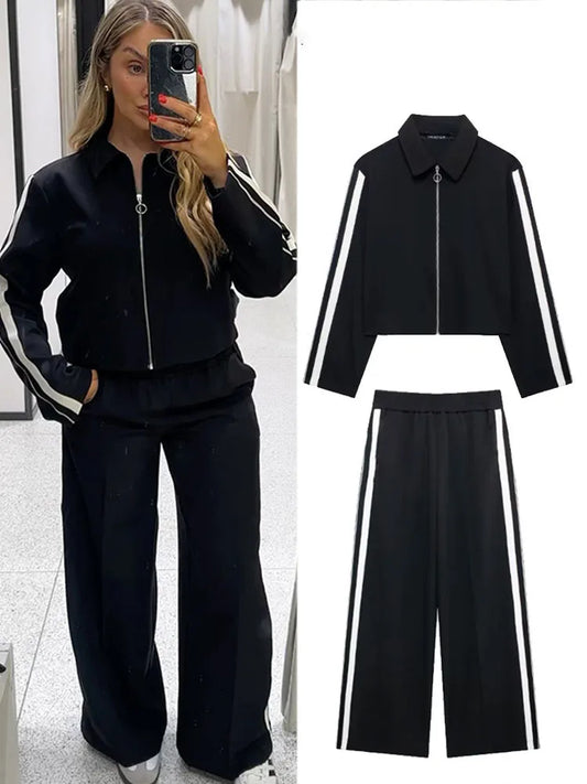 Zipper Lapel Jacket And Wide Leg Pants Set