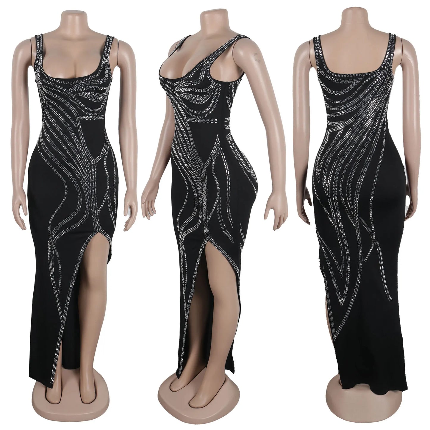 Elegant Rhinestone V-neck Floor Length Evening Dress for Women