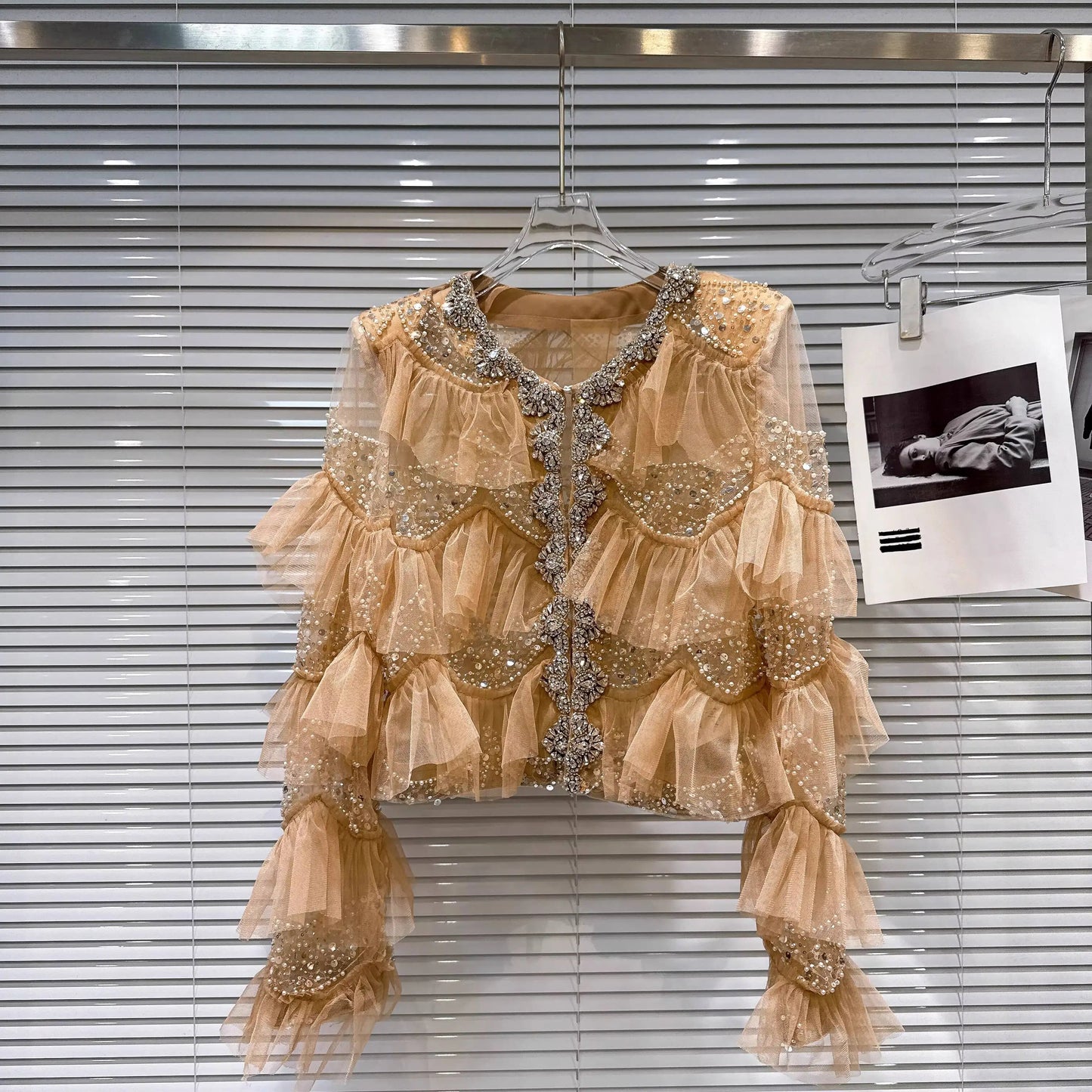 Open Front Rhinestone Beaded Sequined Mesh Coat For Women