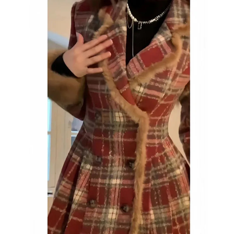 Women's Double Breasted Plaid Coat, Woolen Jacket , V-Neck, Loose Tops, Female Clothes, Sweet, New, Autumn, Winter