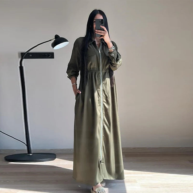 Women's Fashion Zipper Waist Long Dress Casual Solid Laple Full Sleeve A-line Long Robe Lady 2025 Autumn Chic Loose Streetwear