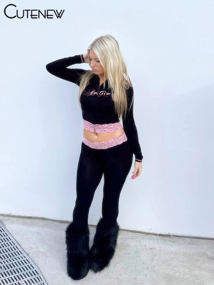 Lace Patchwork Hooded Top Two-Piece Set