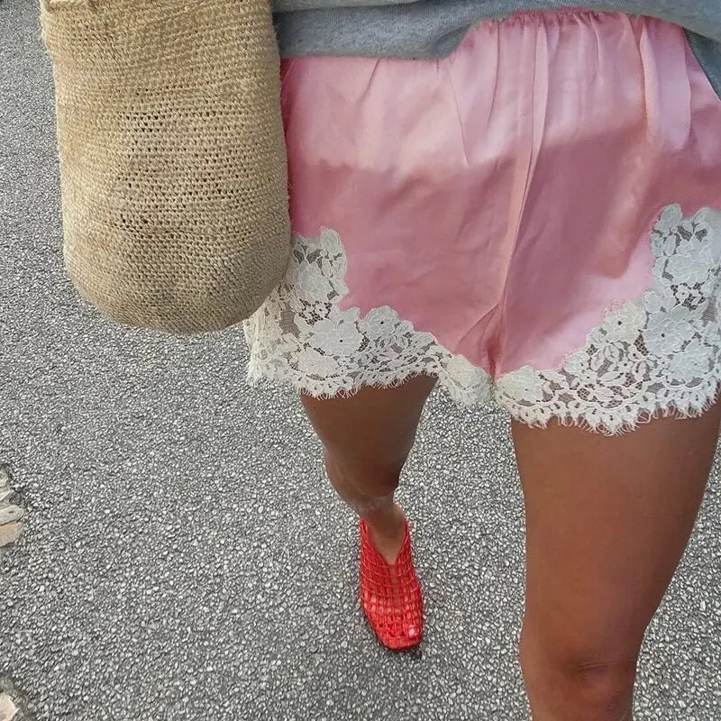 Women Lace Patchwork Satin Shorts Chic Loose Soild Wide Legs Elastic Short 2025 New Y2k Lady All Much Casual Street Outfits