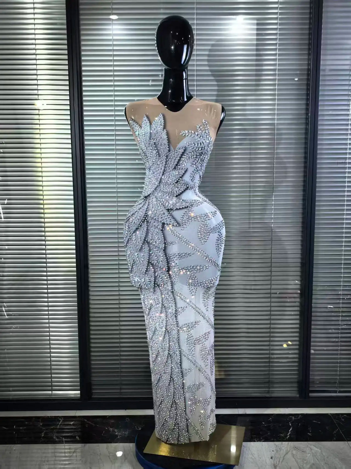 Sexy Mesh See Through Evening Prom Birthday Photo Shoot Singer Stage Outfit Luxury Rhinestone Sleeveless Silver Long Dress