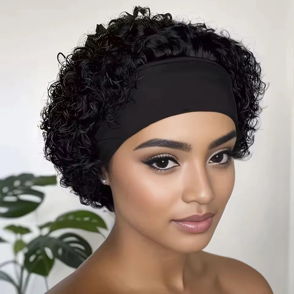 Headband Short Curly Pixie Cut Human Hair Wig for Women