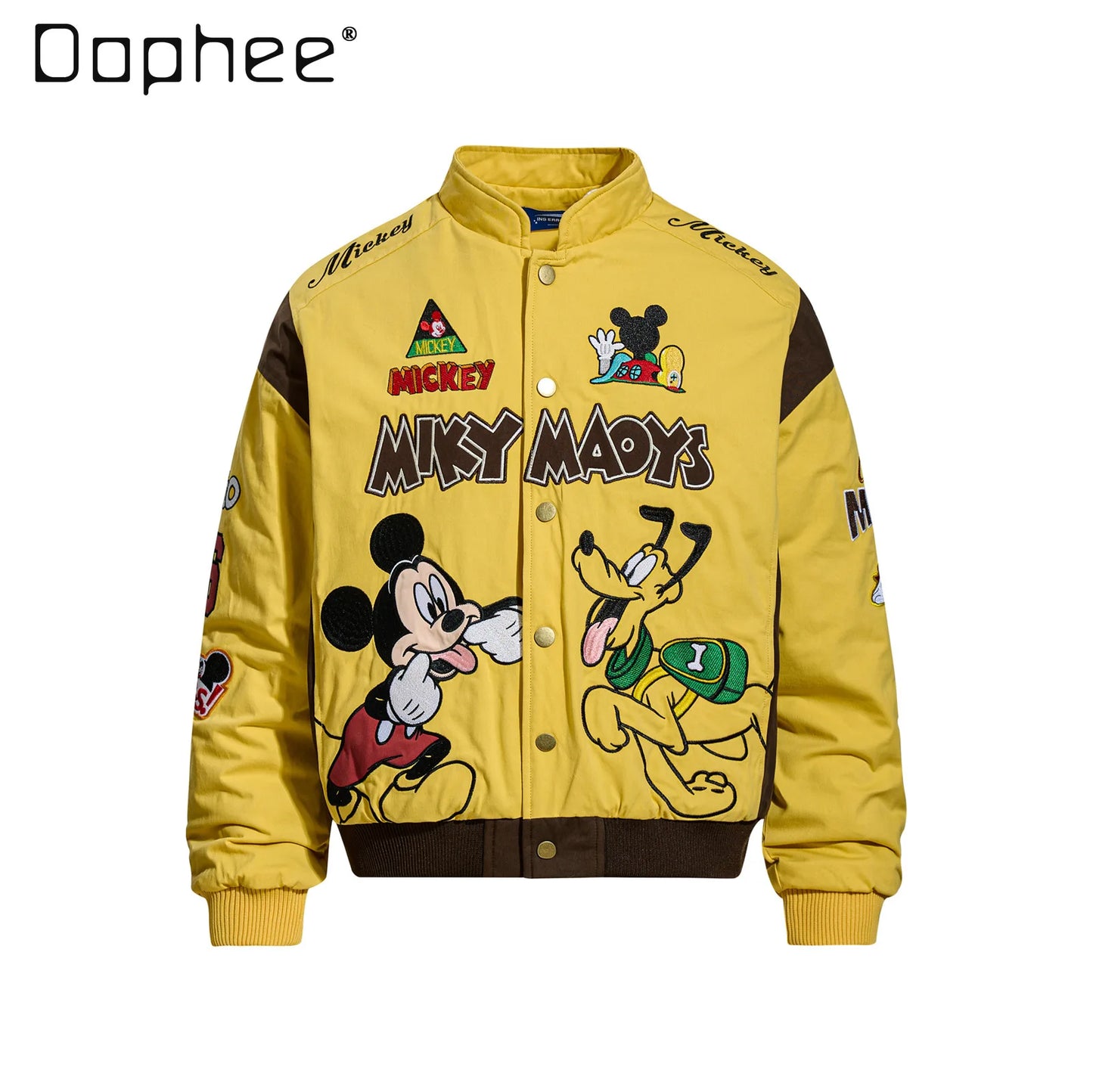 American Retro Cartoon Embroidery Patchwork Stand Collar Thickened Jacket for Men and Women Winter Loose Casual Warm Cotton Coat