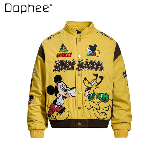 American Retro Cartoon Embroidery Patchwork Stand Collar Thickened Jacket for Men and Women Winter Loose Casual Warm Cotton Coat