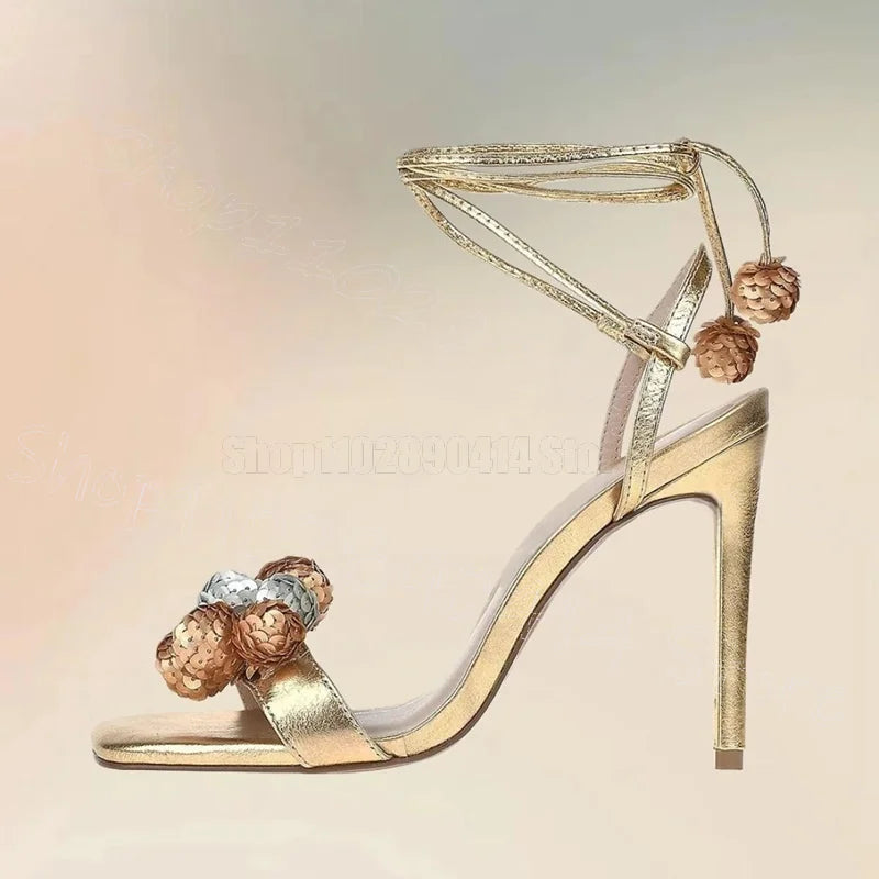 Sequined Ball Design Gold Open Toe Lace Up Sandals for Women