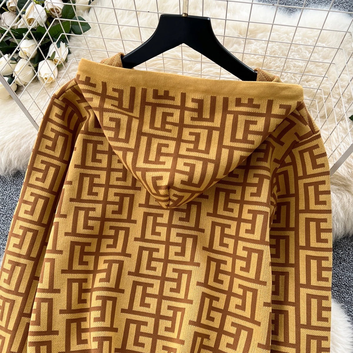 Geometric Print Hooded Knit Two Piece Set for Women