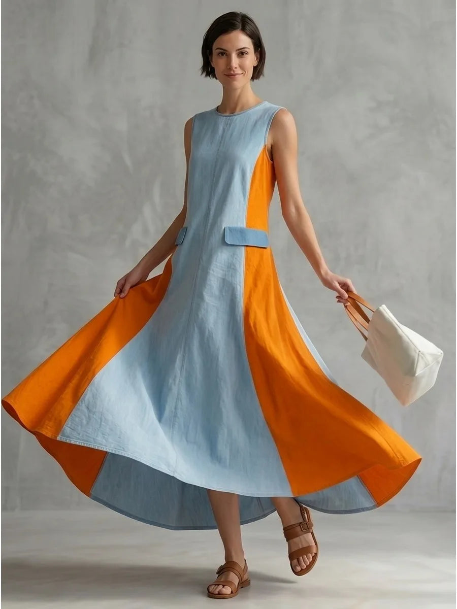 Blue Orange Color Block Round Neck Sleeveless Maxi Dress for Women