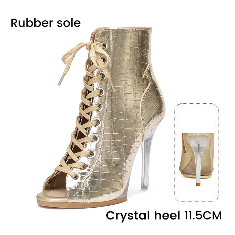 Lace-Up Crystal Heel Ballroom Dance Boots for Women