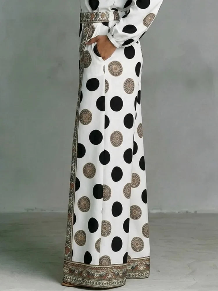Floral Polka Dot Blouse And Wide Leg Pants Set for Women