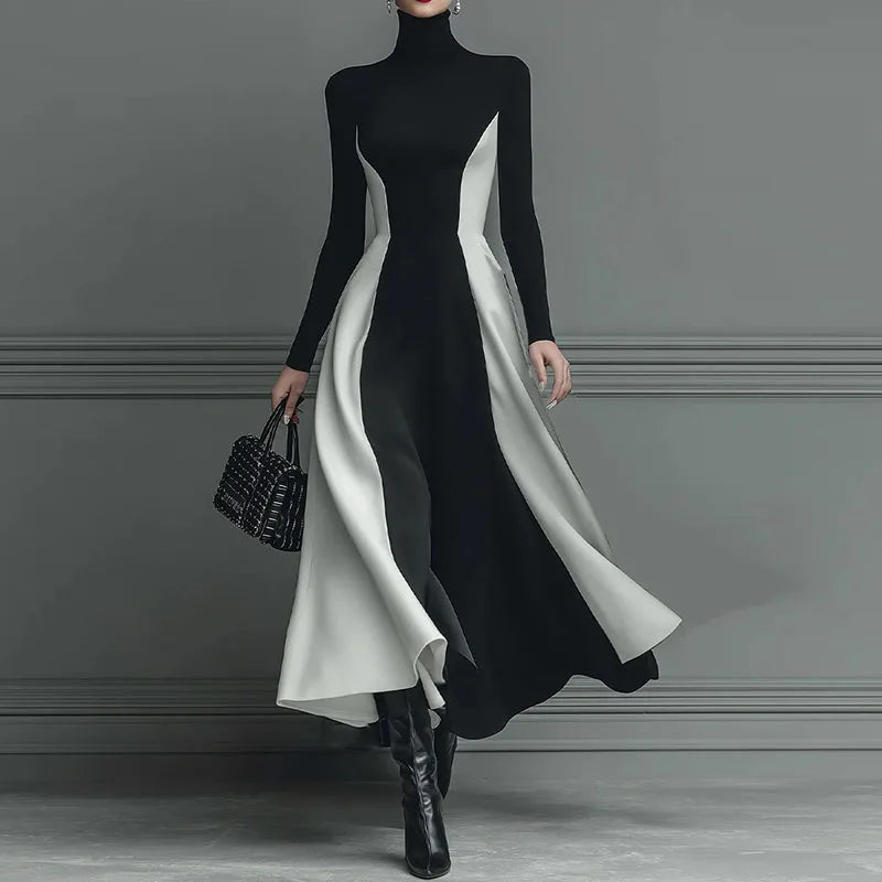 2026 Spring Contrast High Waist A-Line Dress Woman Sexy Turtleneck Elegant Party Dresses Fall Casual Long Sleeve Slim Boho Dress