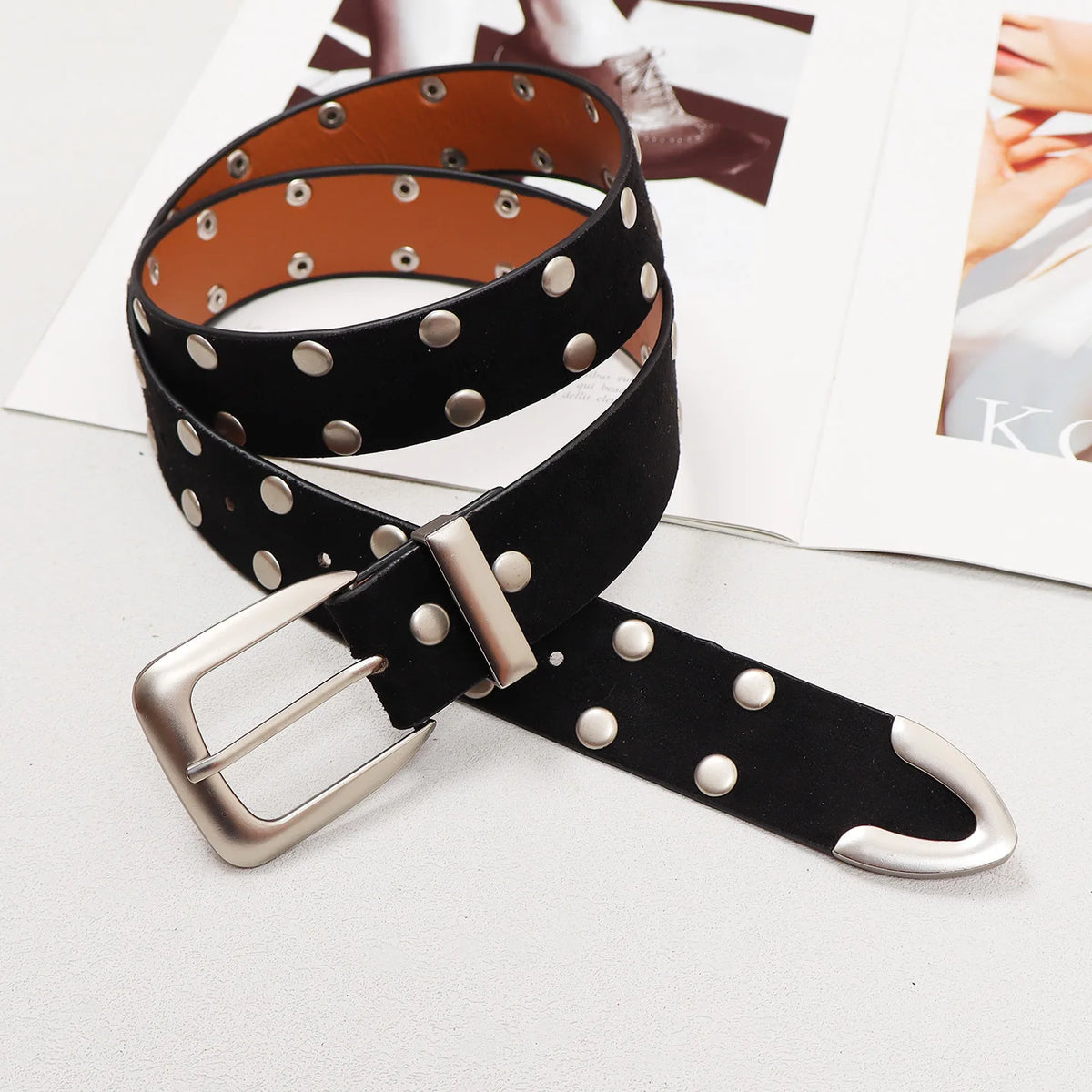 Retro Solid Color Suede Rivet Waist Belt for Women