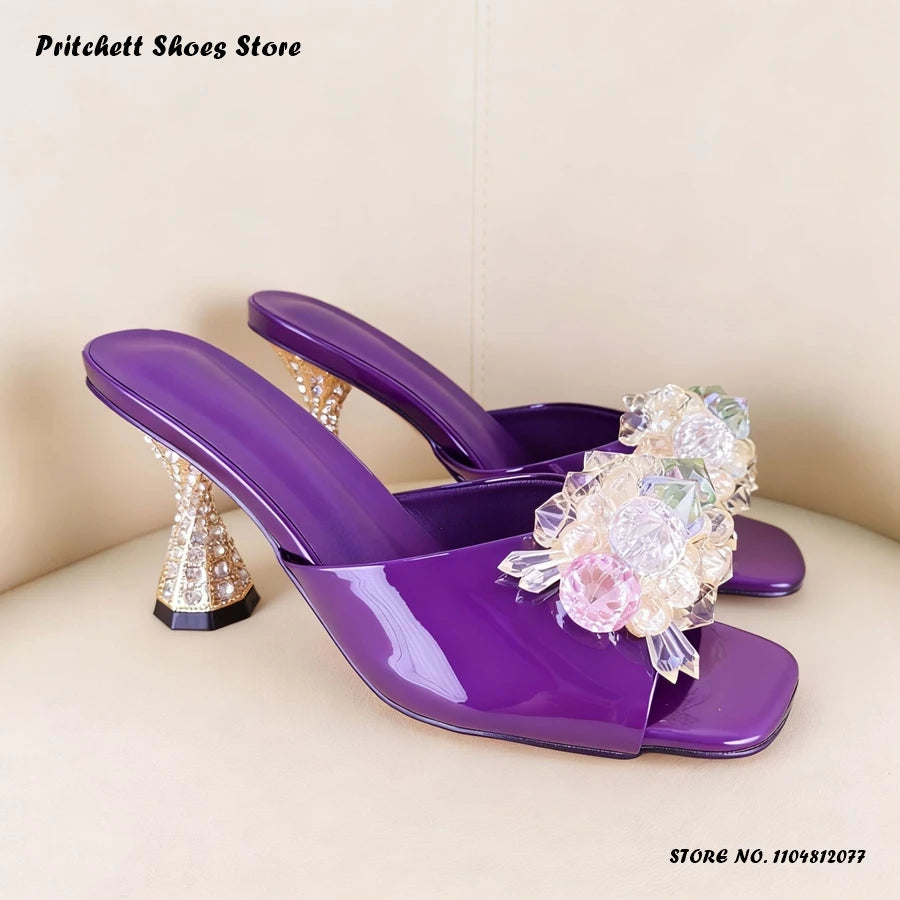 Sleek Patent Leather Square Open Toe Mules With Crystal Trim For Women