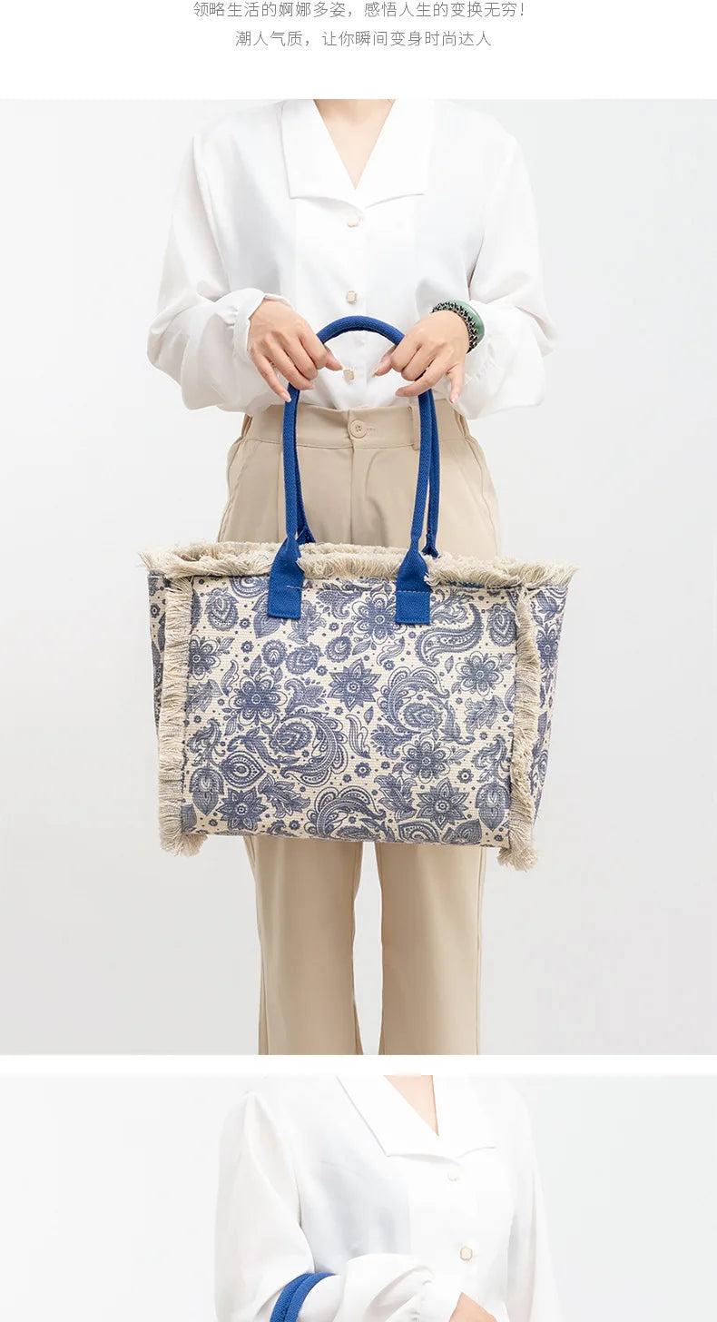 Tote bag Bohemian retro shoulder bag Zipper handbag Large capacity canvas bag Women's summer