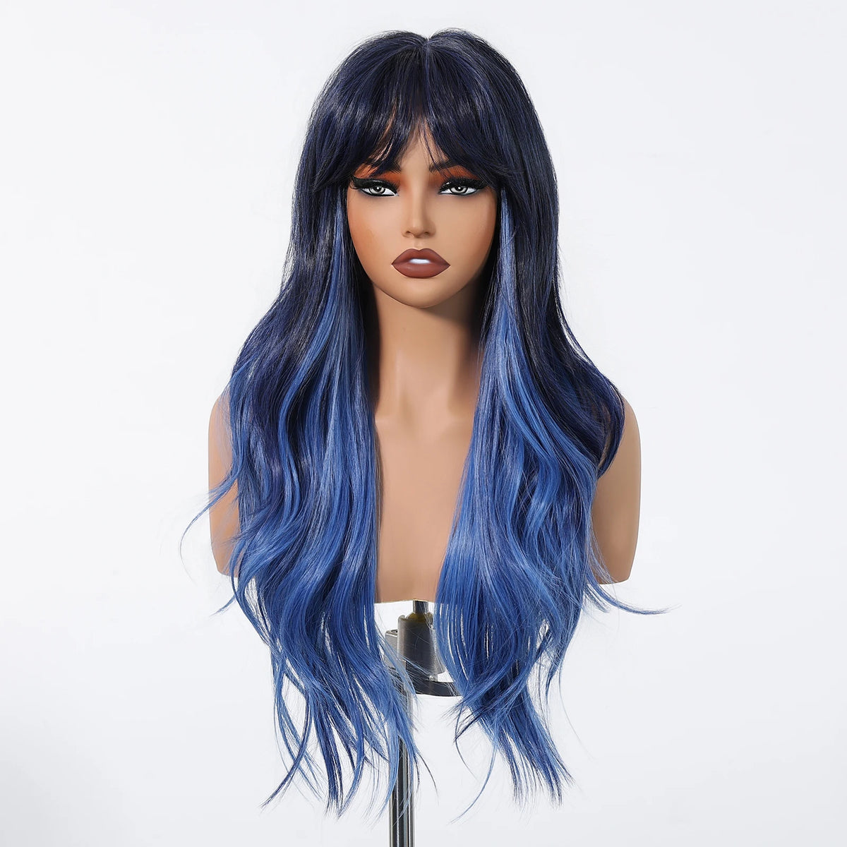 Blue Highlight Long Wavy Synthetic Wig With Bangs for Women