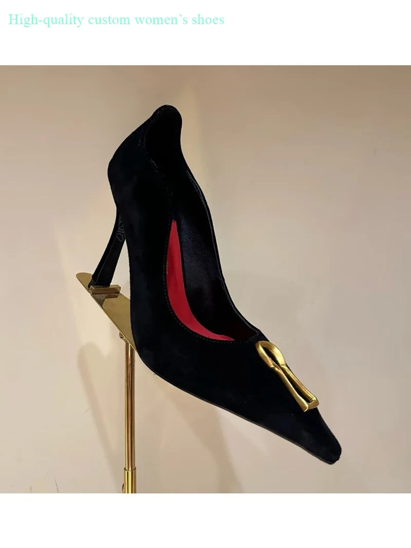 Black Leather Pointed Toe Stiletto Pumps With Buckle Strap For Women