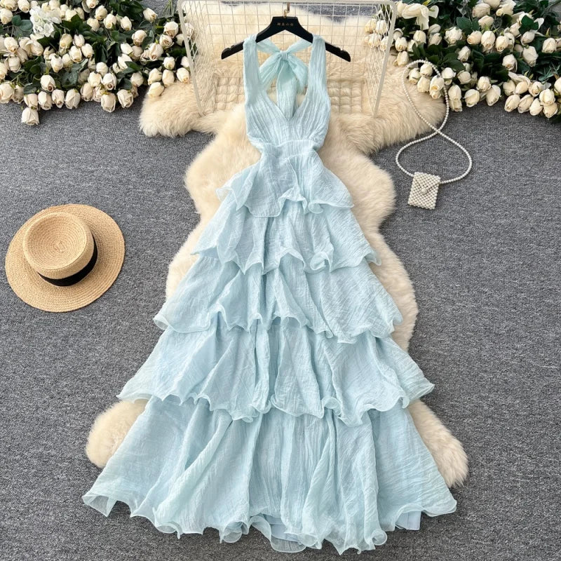 Sleeveless Halter Neck Ruffled Midi Dress for Women