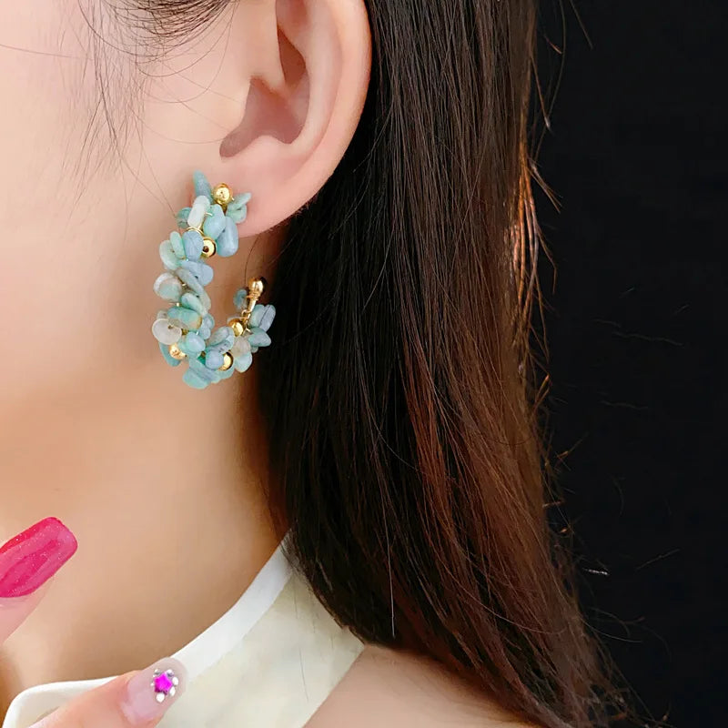 Navy Stone Irregular Hoop Earrings
