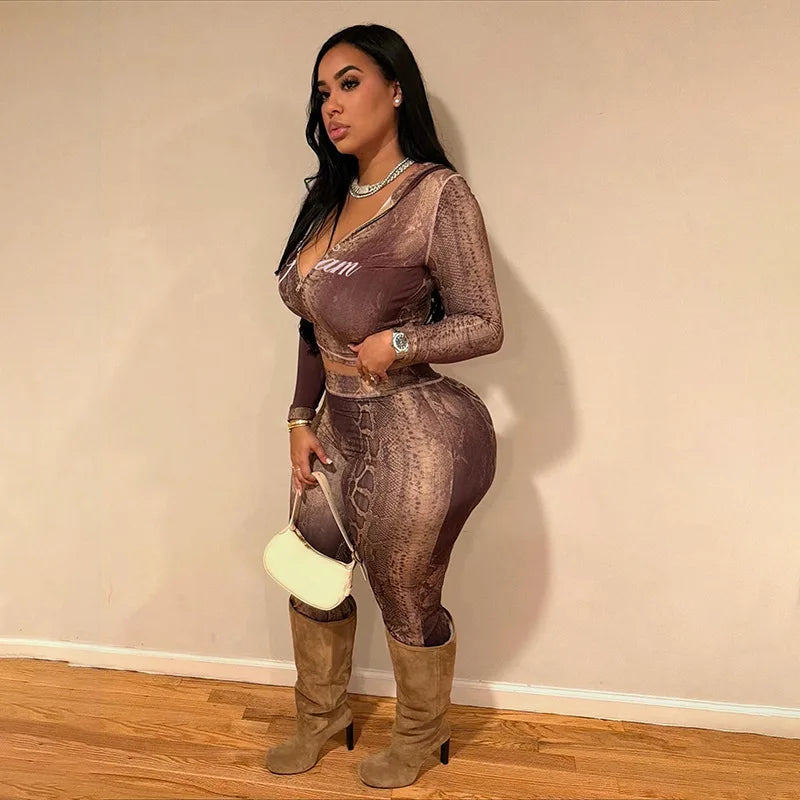 Snake Print Zip Jacket and Pants Two Piece Set for Women